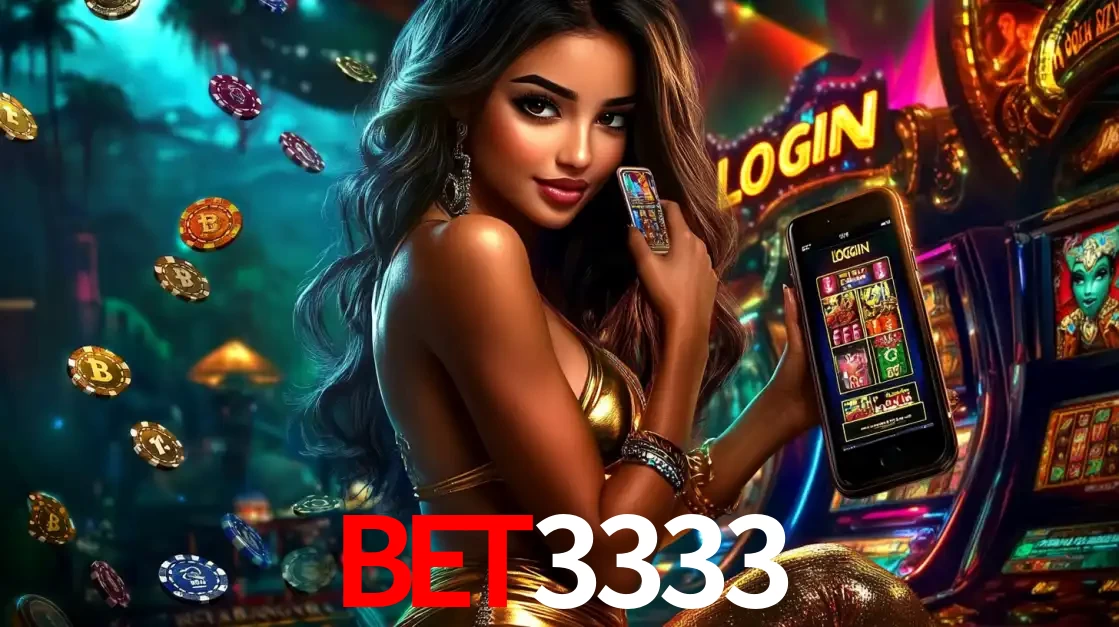 Mulher em um cenário de cassino temático de aventura, mostrando o app de caça-níqueis da BET3333 no celular. Fichas de apostas flutuam ao redor.