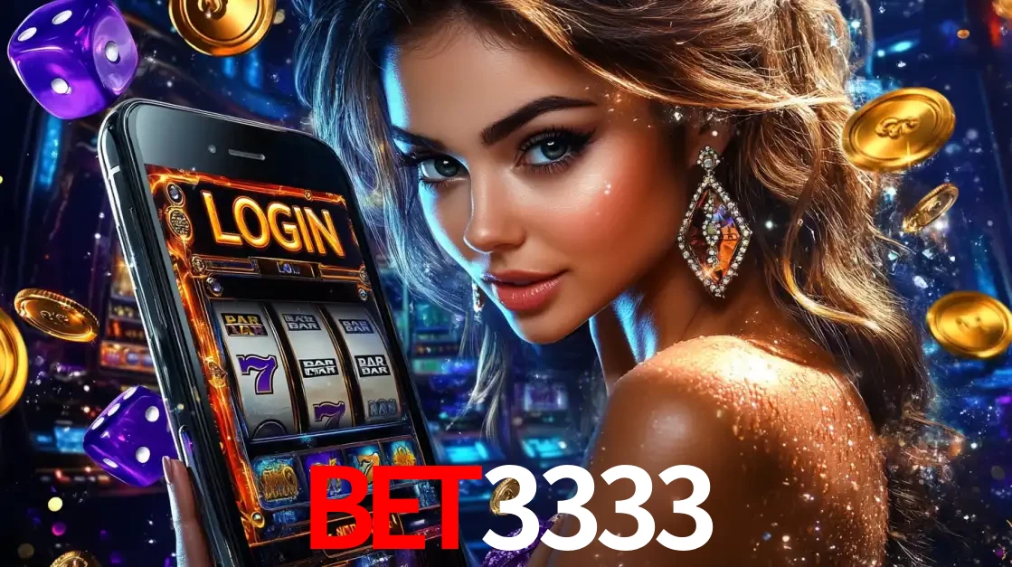 Mulher glamorosa segurando um smartphone com a tela de login para os jogos de caça-níqueis do cassino online BET3333, com moedas de ouro e dados ao redor.