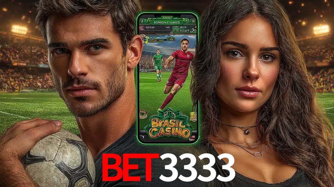 Homem segurando uma bola de futebol e uma mulher ao lado de um smartphone exibindo o jogo de apostas esportivas da BET3333. Faça seu palpite no cassino online.